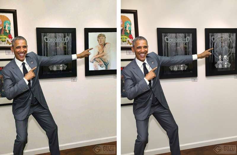 Two photos, both fake, of Obama pointing at Donald Trump and Beavis and Butthead illustrations.